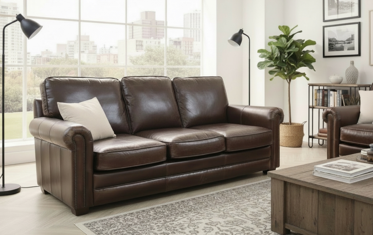 Dark brown leather sofa in a bright room with black lamp