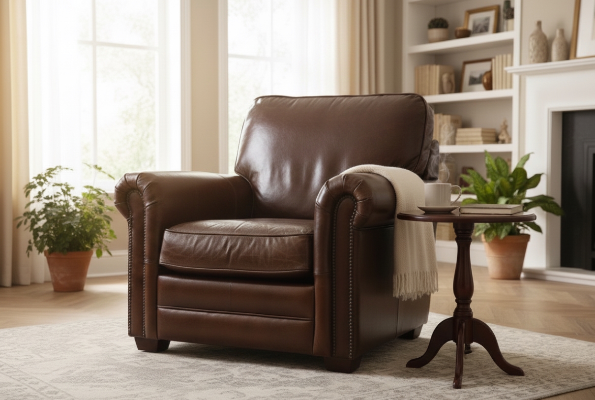 Dark brown leather armchair with side table and cream throw