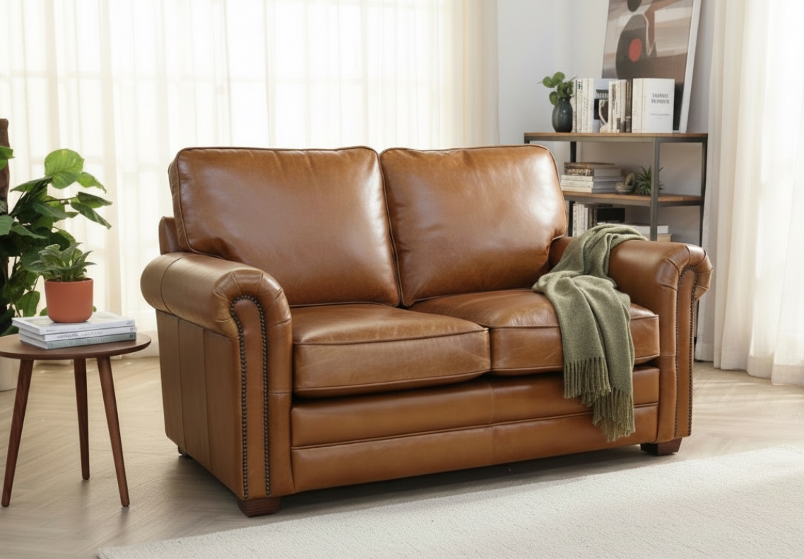 Tan leather 2 seater sofa with green throw in bright room