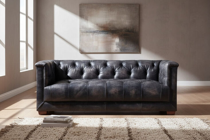 Spitfire Chesterfield 2 Seater Vintage Wash Black Leather Aluminium Sofa
