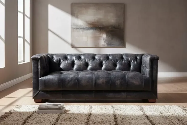 Spitfire Chesterfield 2 Seater Vintage Wash Black Leather Aluminium Sofa
