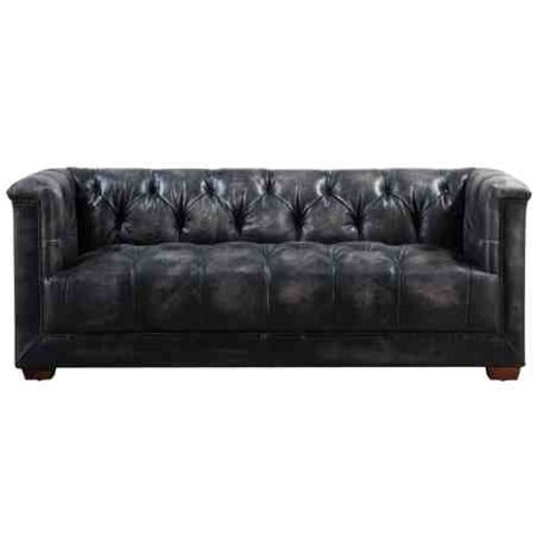 Spitfire Chesterfield 2 Seater Vintage Wash Black Leather Aluminium Sofa