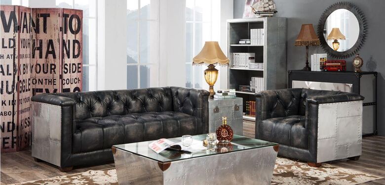 Spitfire Chesterfield Vintage Distressed Leather Aluminium Sofa Suite