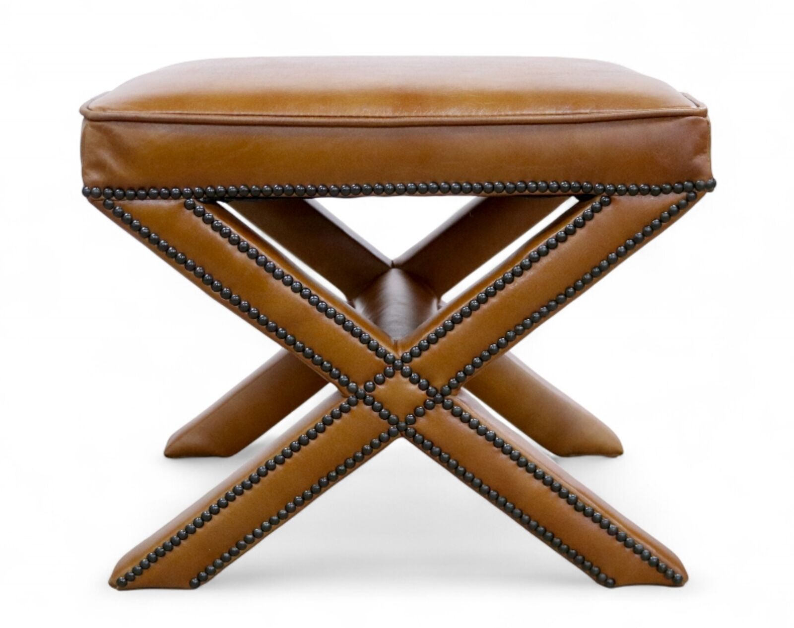 Studded Cross Vintage Tan Leather Foostool