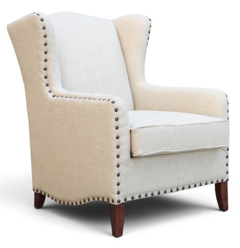 Theo Cream Fabric Wingback Armchair – Studded High Back Accent Chair