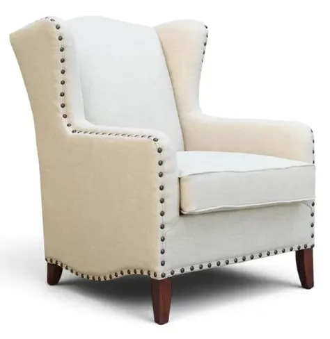 Theo Cream Fabric Wingback Armchair – Studded High Back Accent Chair