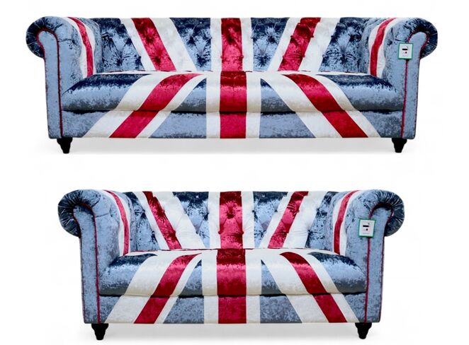Union Jack 3+2 Chesterfield Sofa Suite In Velvet Fabric