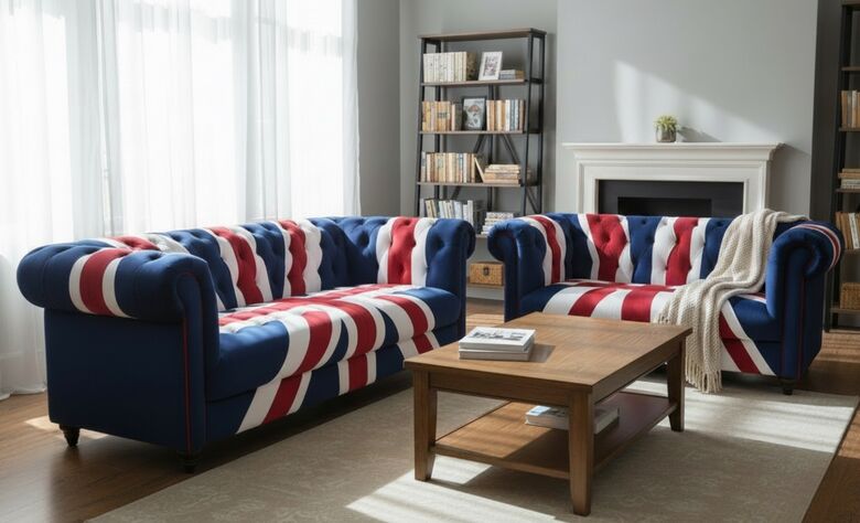 Union Jack 3+2 Chesterfield Sofa Suite In Velvet Fabric