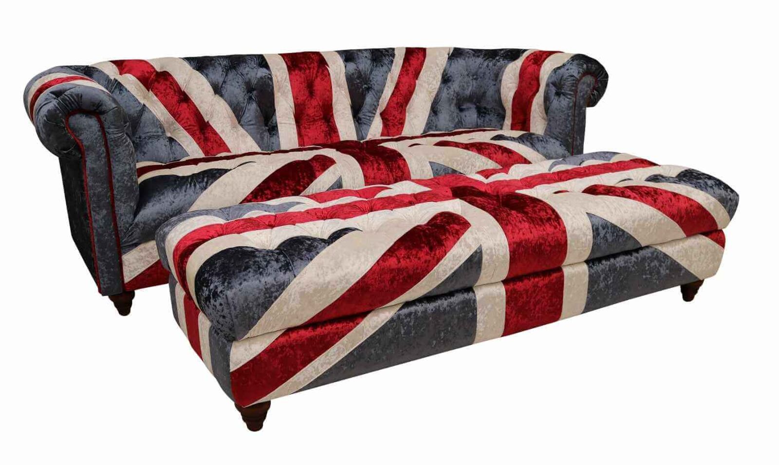Product photograph of Union Jack Chesterfield 3 Seater Sofa With Matching Footstool In Plush Velvet from Designer Sofas 4U