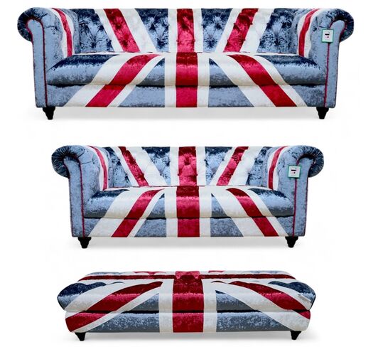 Union Jack Chesterfield 3+2+Footstool Velvet Sofa Suite