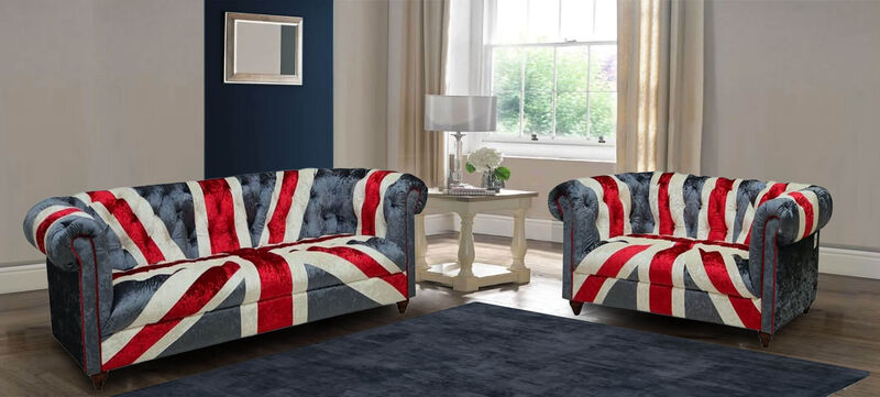 Product photograph of Union Jack Chesterfield 3 2 Velvet Sofa Set from Designer Sofas 4U