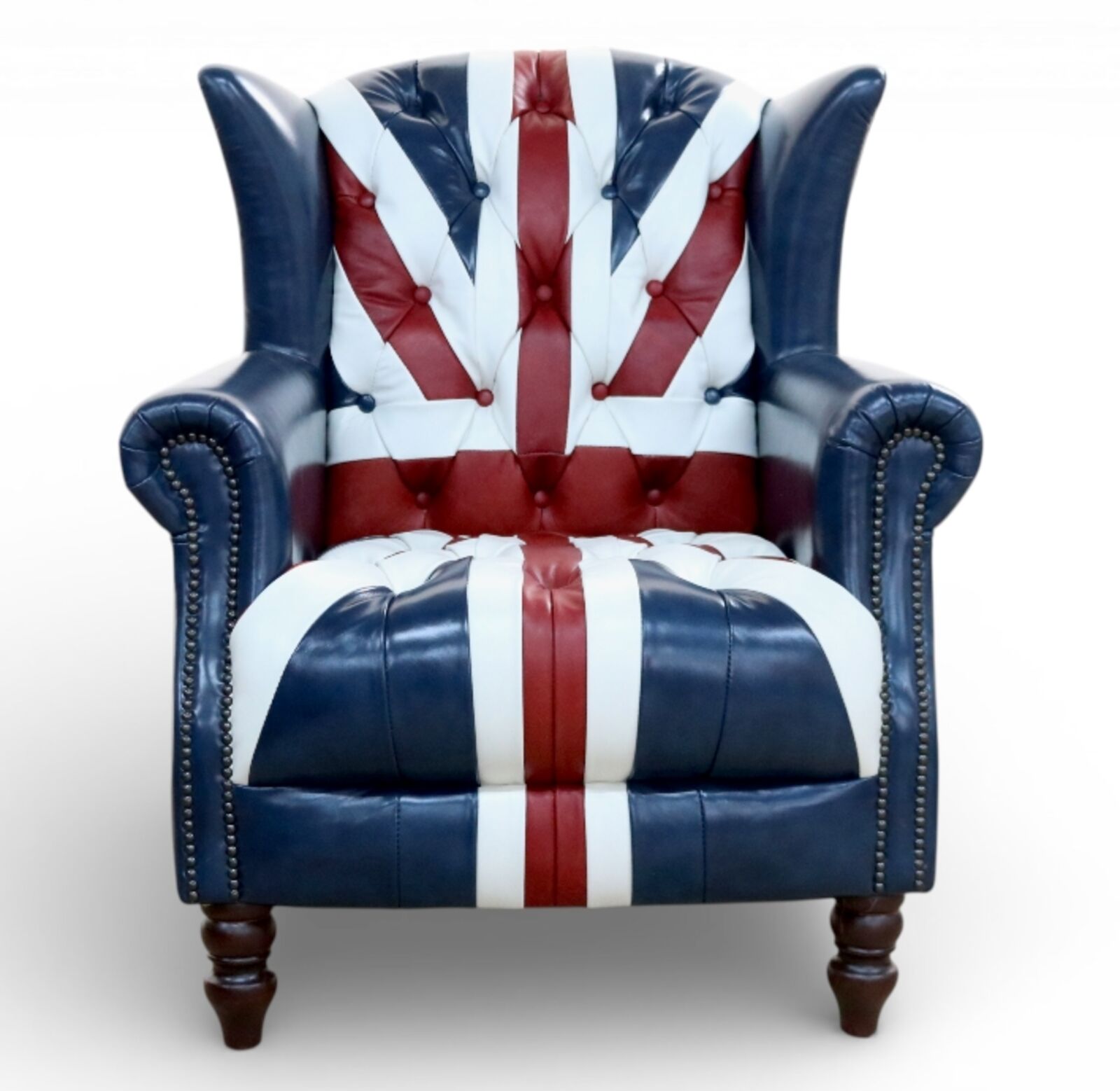 Union Jack Chesterfield Leather Wingback Chair - British Flag Accent Armchair with Nailhead Trim