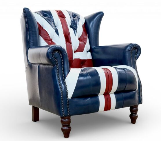 Union Jack Chesterfield Leather Wingback Chair - British Flag Accent Armchair with Nailhead Trim
