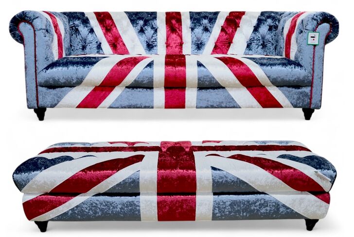 Union Jack Velvet Sofa & Footstool Set – British Flag Chesterfield Style
