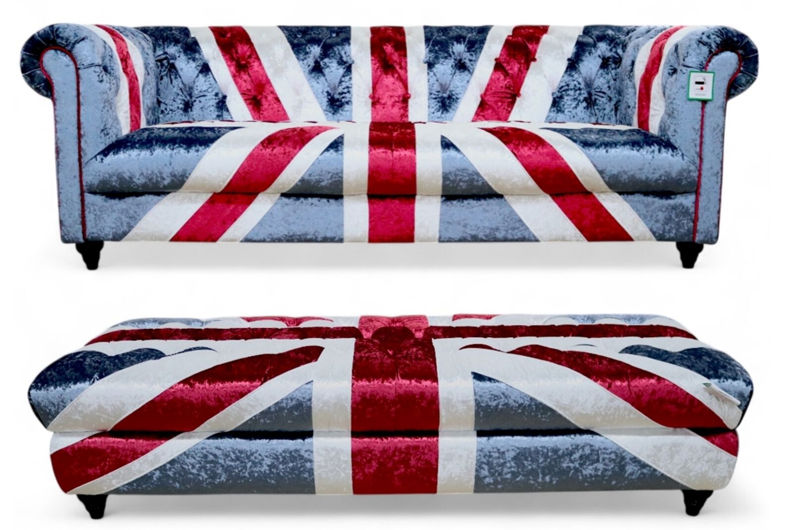Union Jack Velvet Sofa & Footstool Set British Flag Chesterfield Style