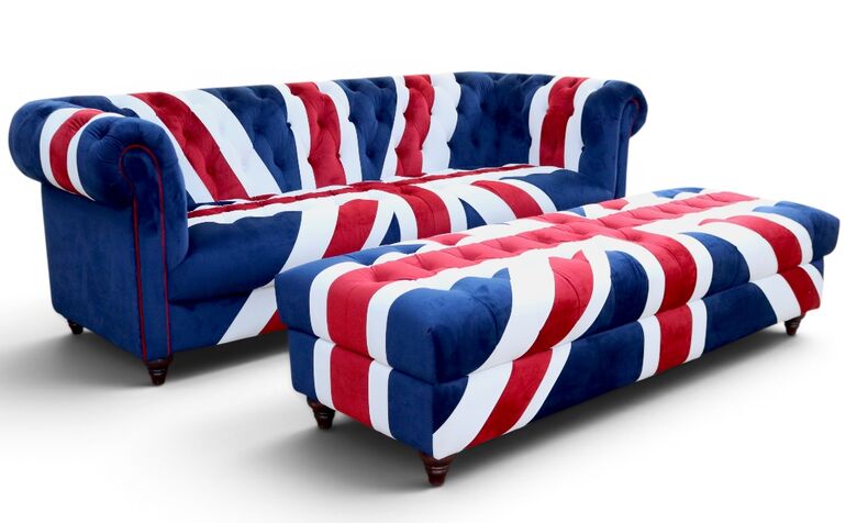 Union Jack Velvet Sofa & Footstool Set – British Flag Chesterfield Style