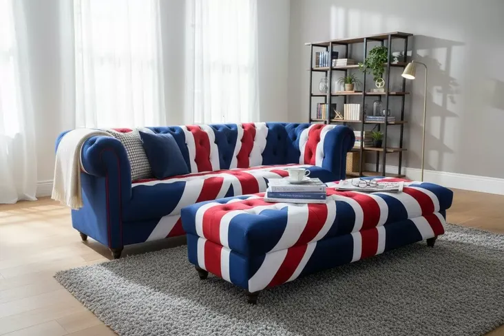 Union Jack Velvet Sofa & Footstool Set – British Flag Chesterfield Style