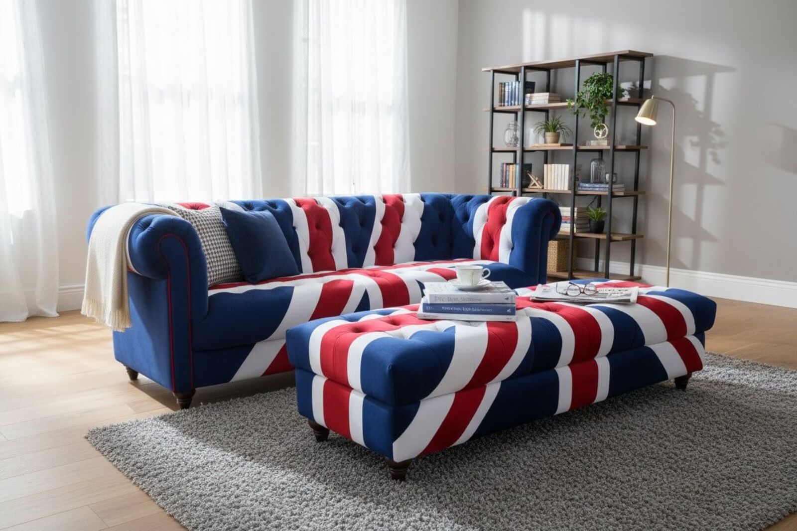 Union Jack Velvet Sofa & Footstool Set British Flag Chesterfield Style
