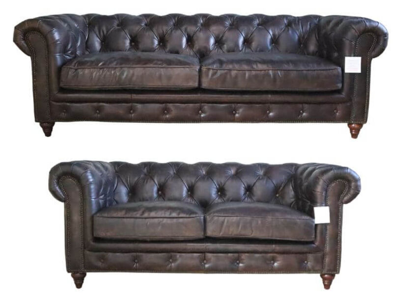 Product photograph of Vintage 3 2 Distressed Tobacco Real Leather Chesterfield Sofa Suite from Designer Sofas 4U