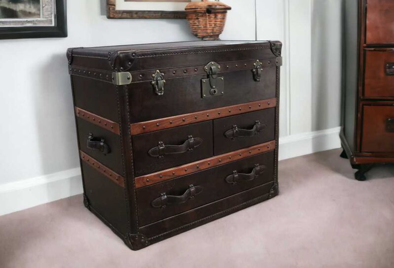 Product photograph of Large Tobacco Vintage Antique Leather Drawer Storage Trunk from Designer Sofas 4U