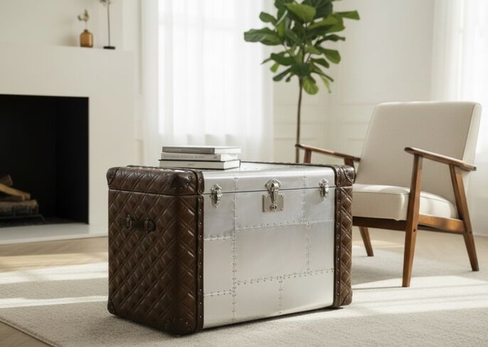 Vintage Aviator Trunk – Brown Leather & Aluminium Storage Chest | Industrial Steamer Style