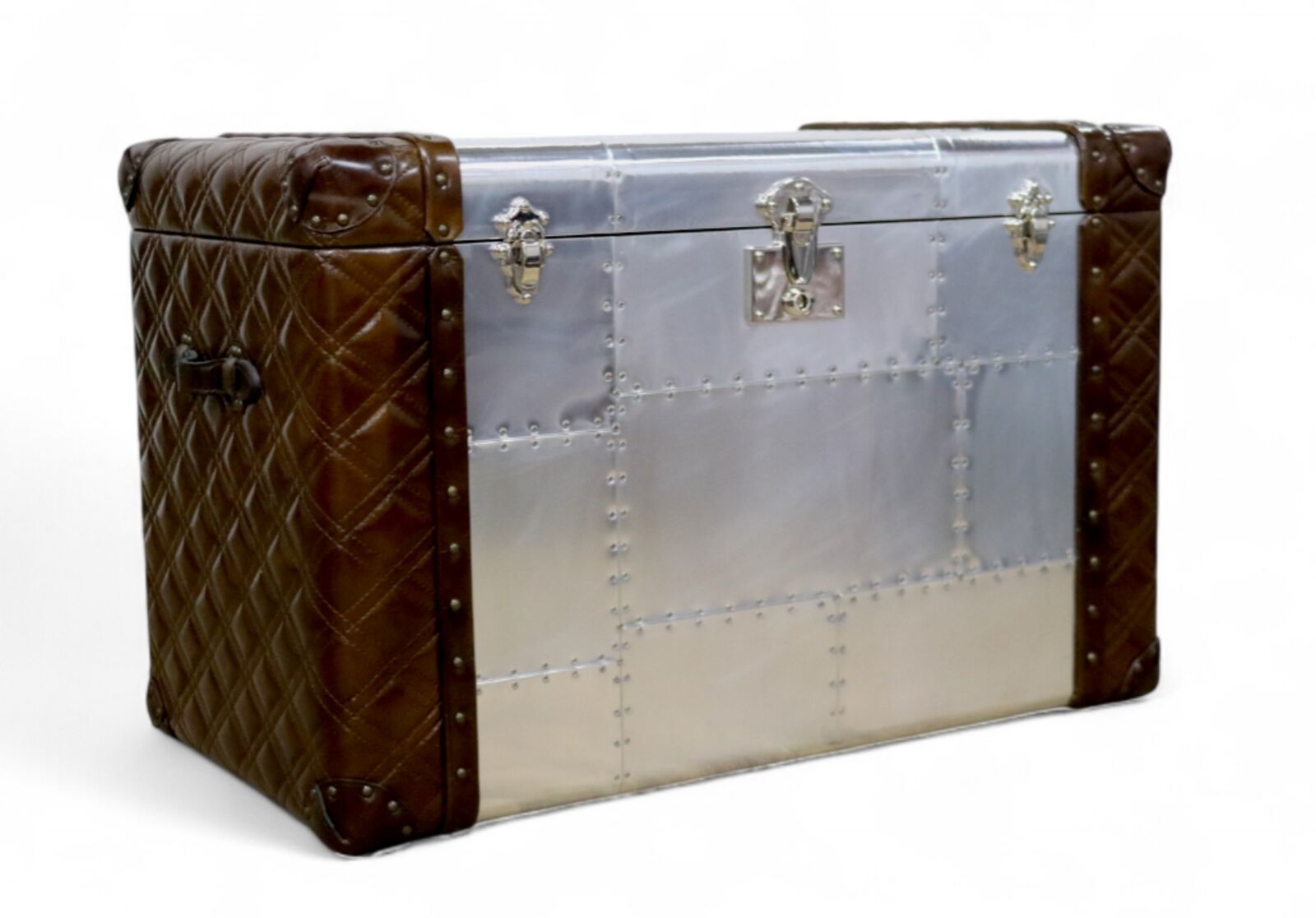 Vintage Aviator Trunk Brown Leather & Aluminum Storage Chest | Industrial Steamer Style