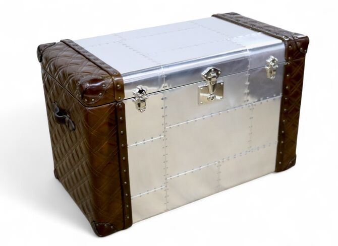 Vintage Aviator Trunk – Brown Leather & Aluminium Storage Chest | Industrial Steamer Style