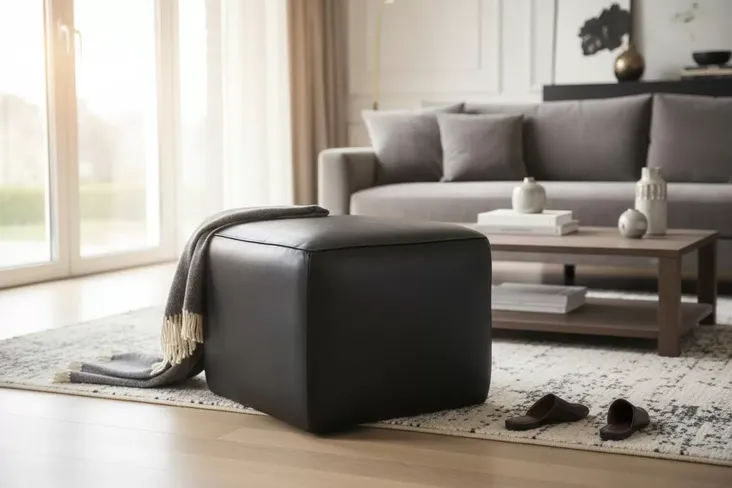 Vintage Black Distressed Leather Footstool Pouffe