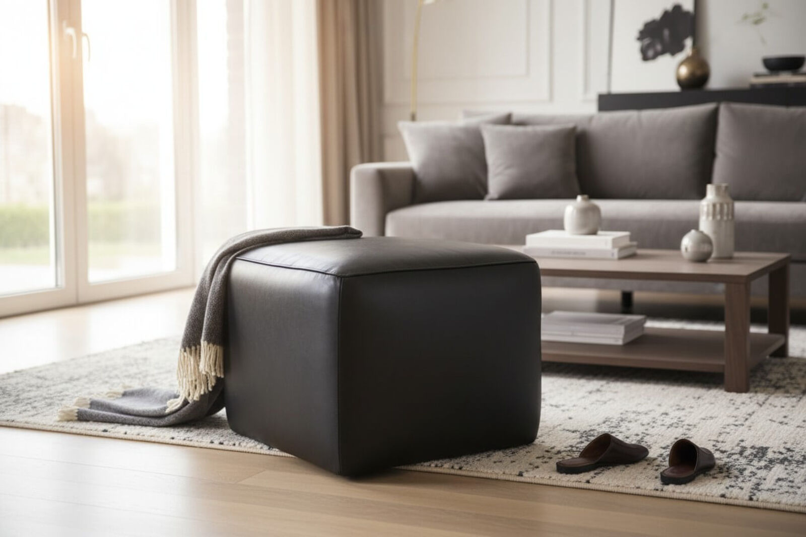 Vintage Black Distressed Leather Footstool Pouffe