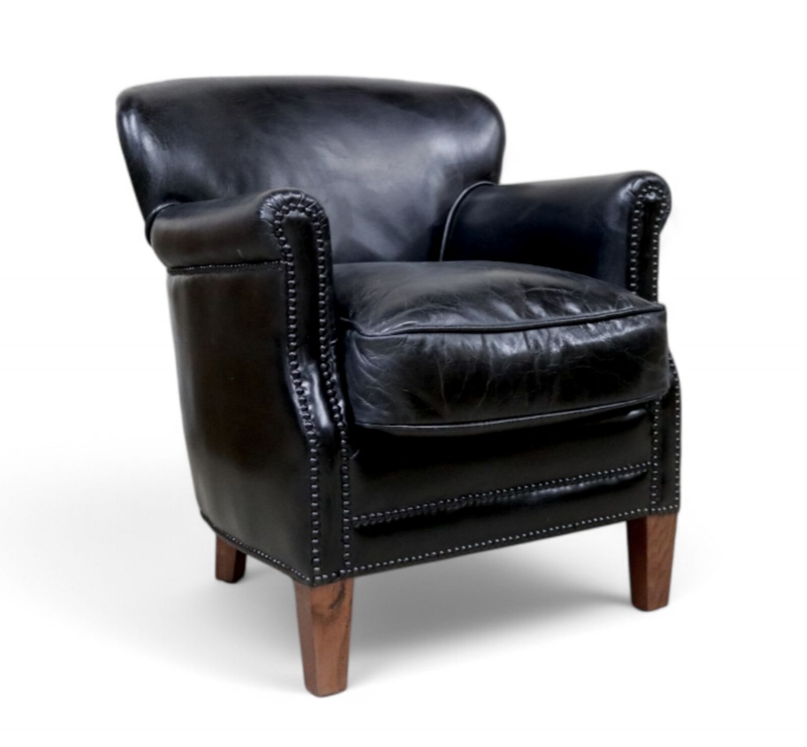 Professor Style Vintage Black Leather Club Chair With Nailhead Trim