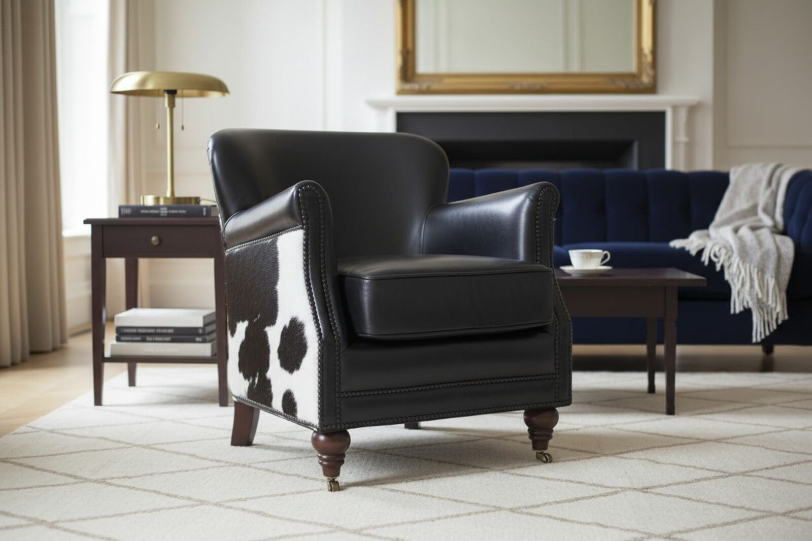 Vintage Black Leather & Cowhide Tub Chair | Rustic Western Accent Armchair