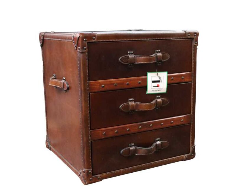Product photograph of Vintage Brown Antique Leather 3 Drawer Storage Chest Stock from Designer Sofas 4U