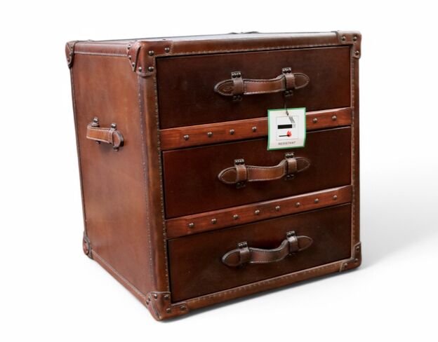 Vintage Brown Antique Leather 3 Drawer Storage Chest