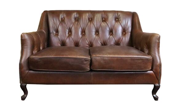 Vintage Brown Distressed Leather Button & Stud 2 Seater Sofa
