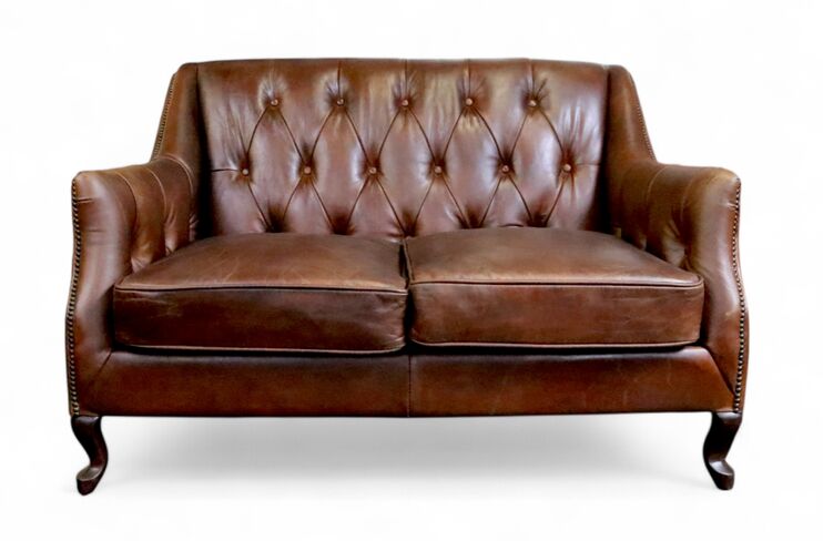 Vintage Brown Distressed Leather Button & Stud 2 Seater Sofa