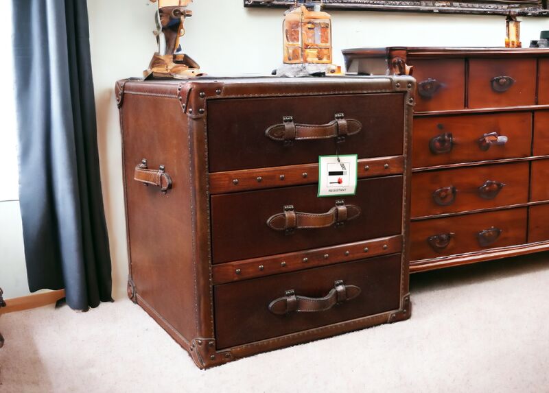 Product photograph of Vintage Brown Antique Leather 3 Drawer Storage Chest from Designer Sofas 4U