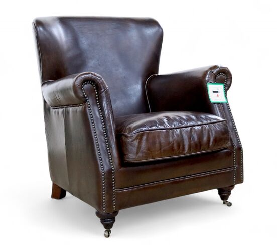 Vintage Brown Leather Armchair – High-Back, Rolled Arms, Nailhead Trim