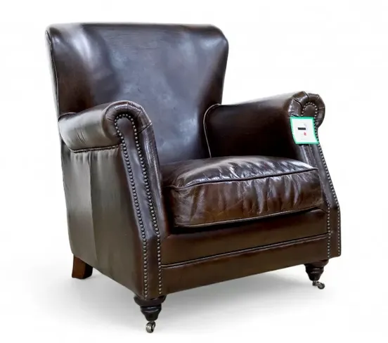 Porter High Back Vintage Brown Leather Armchair – Rolled Arms, Nailhead Trim