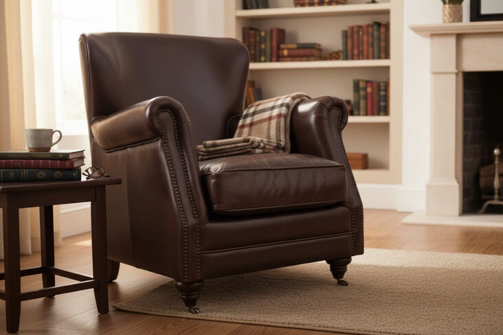 Vintage Brown Leather Armchair – High-Back, Rolled Arms, Nailhead Trim