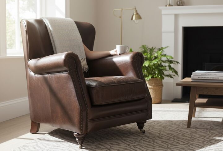 Vintage Brown Leather Armchair – High-Back, Rolled Arms, Nailhead Trim