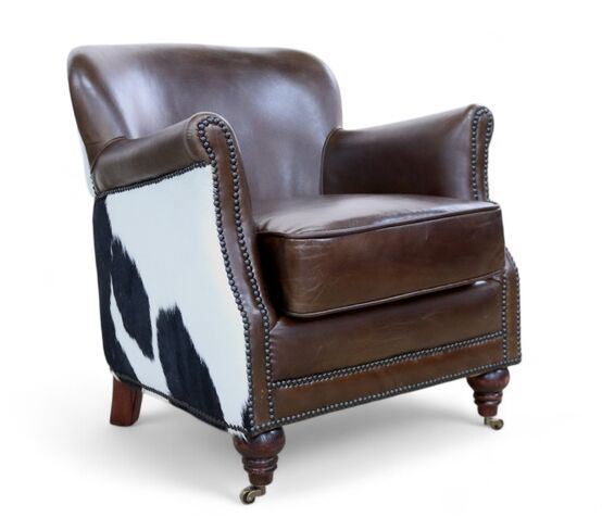 Vintage Brown Leather & Cowhide Tub Chair | Rustic Western Accent Armchair