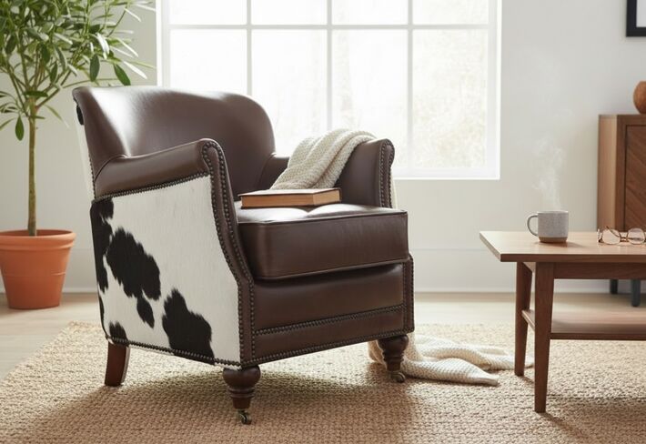 Vintage Brown Leather & Cowhide Tub Chair | Rustic Western Accent Armchair