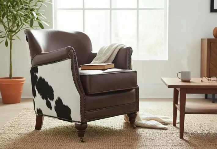 Vintage Brown Leather & Cowhide Tub Chair | Rustic Western Accent Armchair