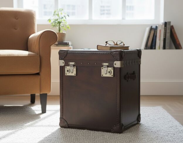 Vintage Brown Leather Storage Trunk – Decorative Chest with Hinged Lid