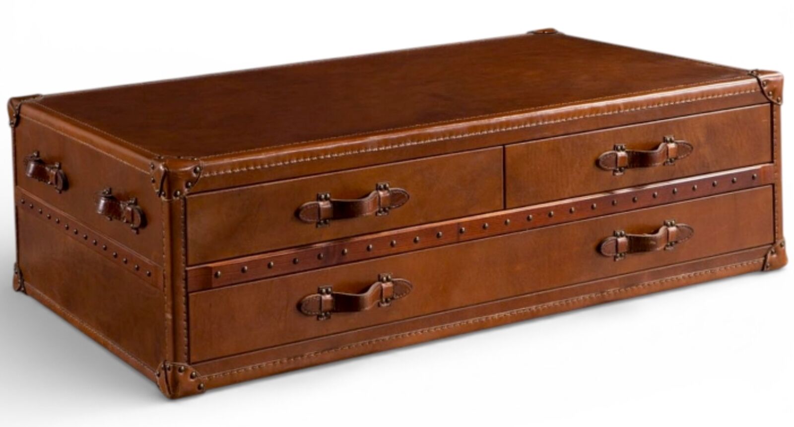 Vintage Brown Leather Trunk Coffee Table with Storage Drawers