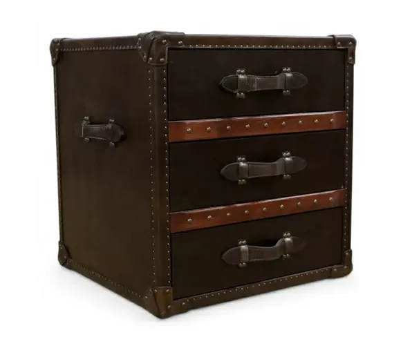 Vintage Brown Leather Trunk Drawer Chest 3 Drawer Storage Cabinet, Steamer Trunk, Rustic Accent Table