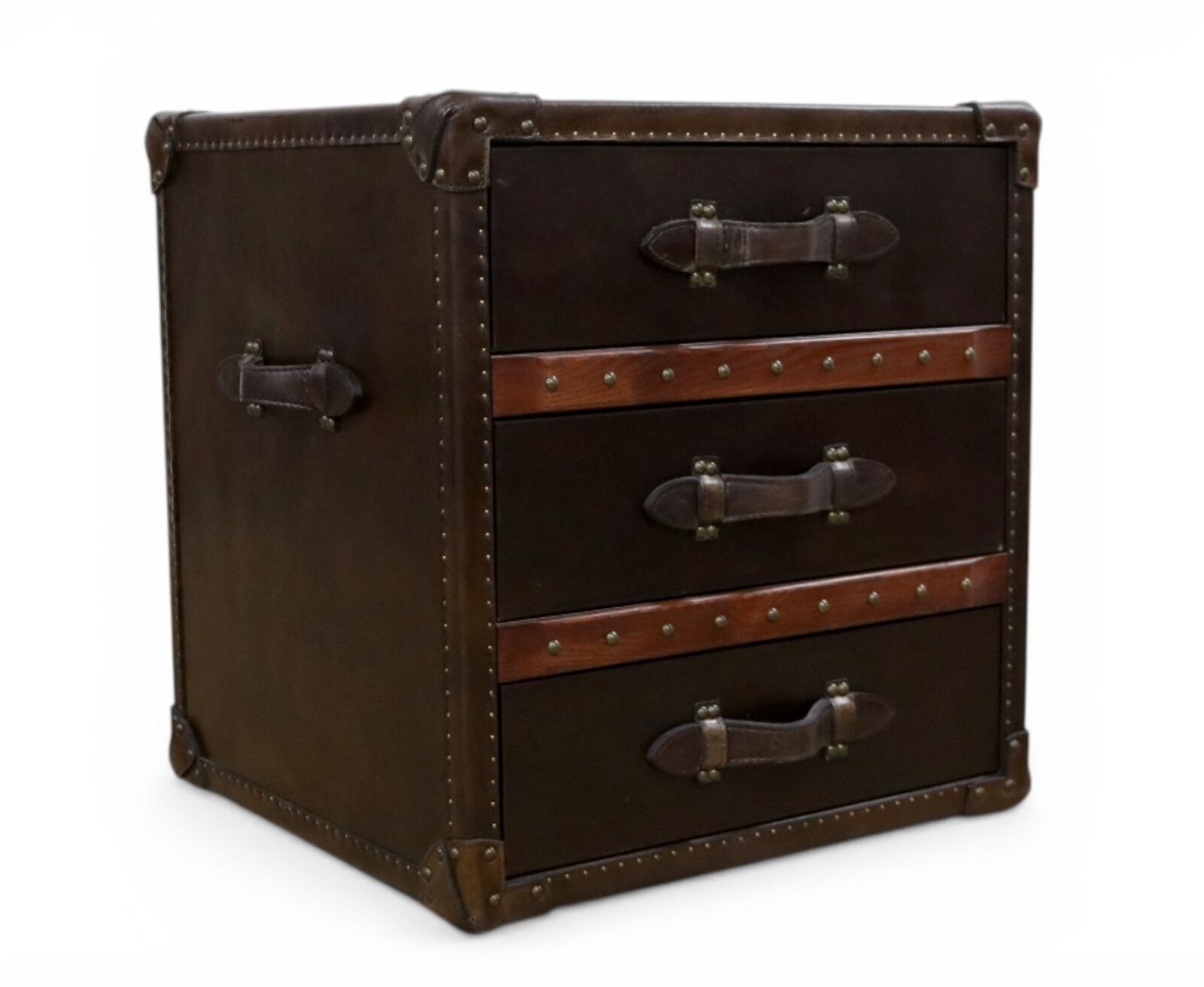 Vintage Brown Leather Trunk Drawer Chest 3 Drawer Storage Cabinet, Steamer Trunk, Rustic Accent Table