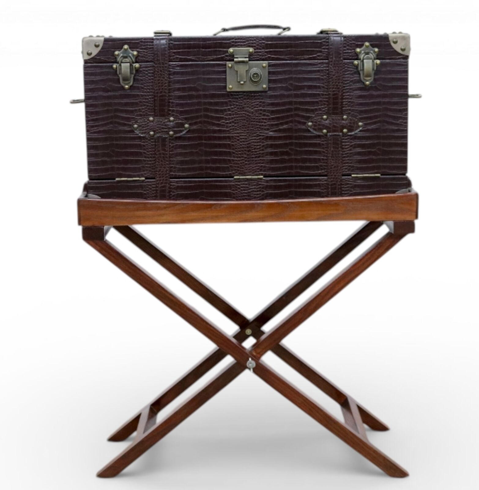 Vintage Burgandy Leather Mini Bar Storage Trunk Chest On Stand