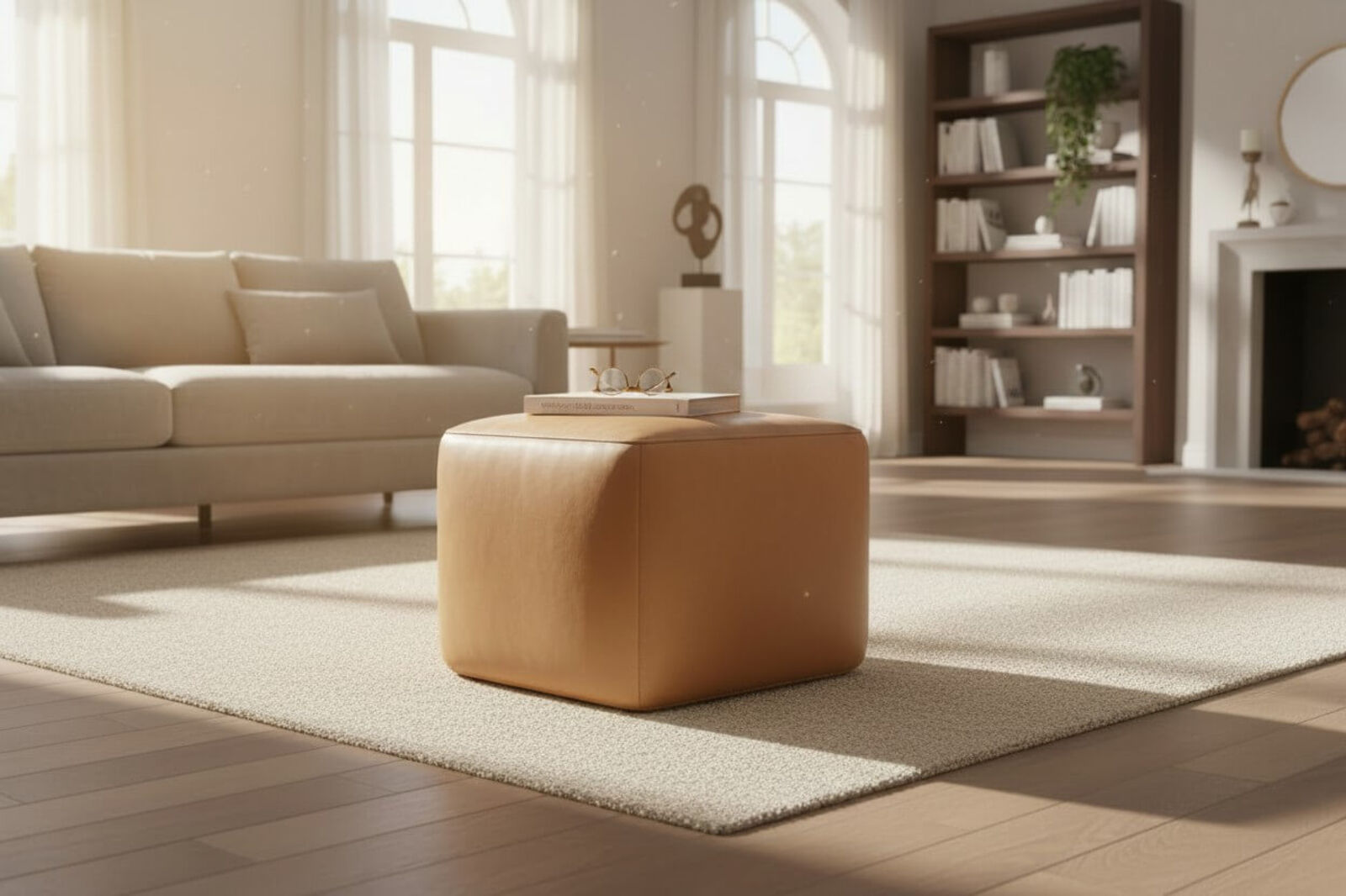 Vintage Caramel Tan Leather Footstool Pouffe Footrest / Accent Seat
