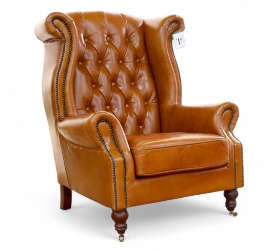 Vintage Chesterfield Distressed Tan Leather High Back Chair